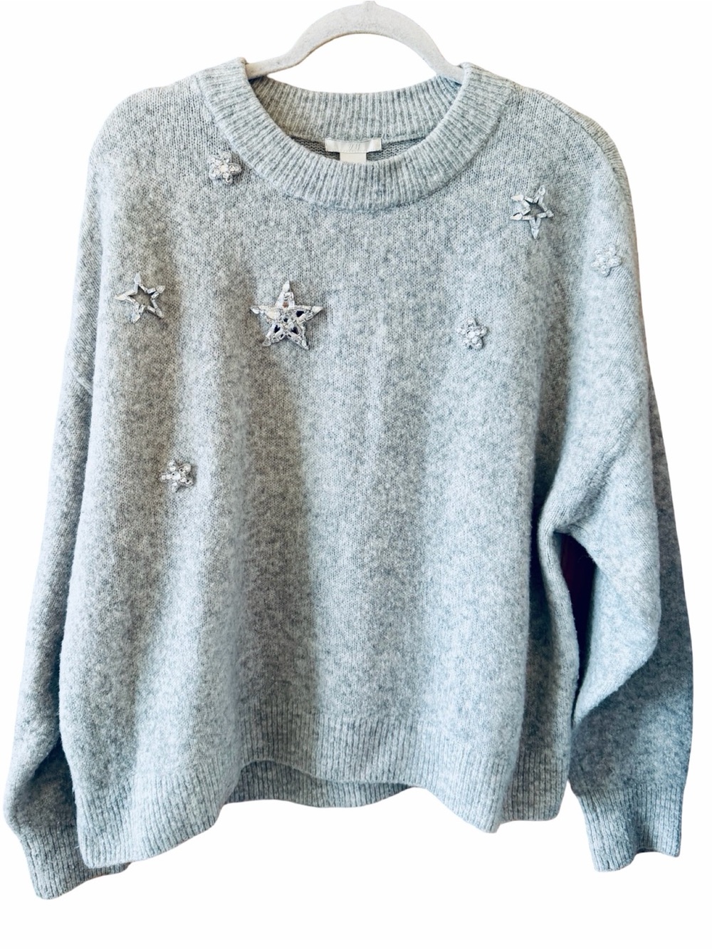 H&M Light Gray Star Embellished Crewneck Sweater